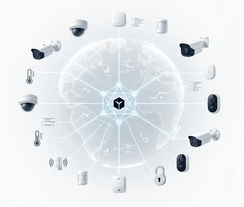 Sovereign VMS and intelligent IoT ecosystem connecting surveillance cameras and sensors to a secure global network.