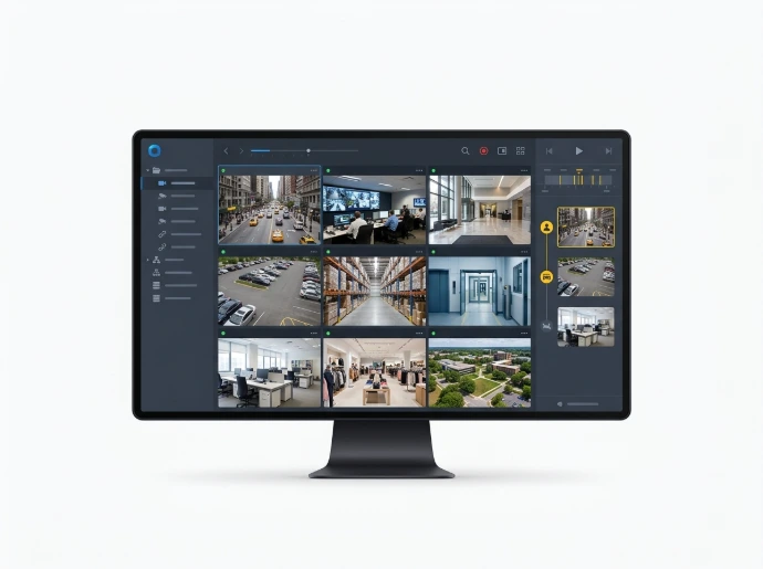 Okiff Reflex intelligent VMS dashboard interface displaying real-time multi-camera security feeds on a desktop monitor.