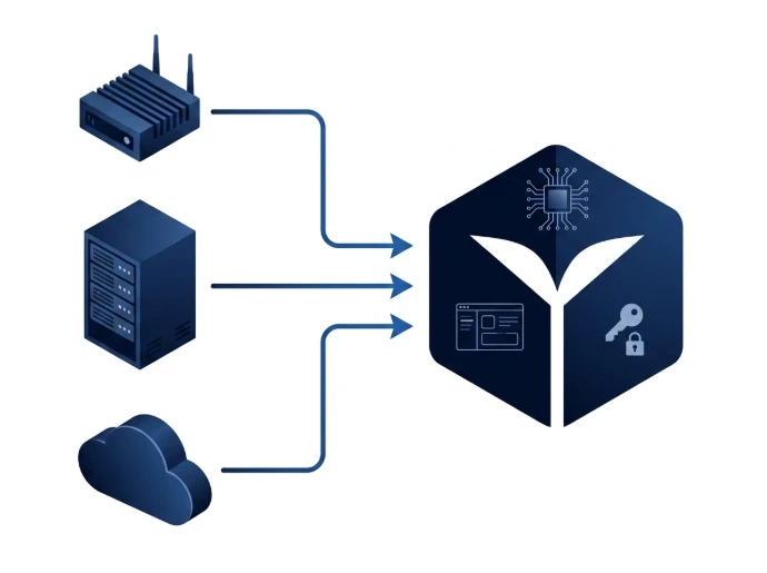 Data aggregation diagram showing edge routing, server racks, and cloud environments streaming into a secure VMS node.
