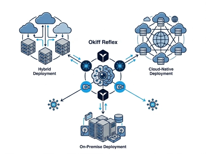 Okiff Reflex flexible deployment architecture diagram showcasing hybrid, cloud-native, and on-premise network topologies.