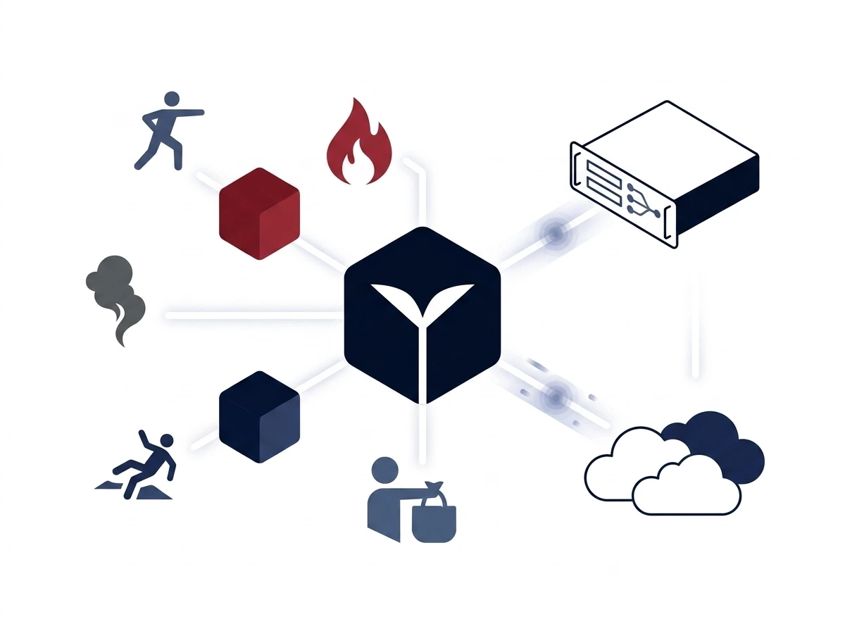 AI video analytics diagram showing automated threat detection models for violence, fire, smoke, and theft.