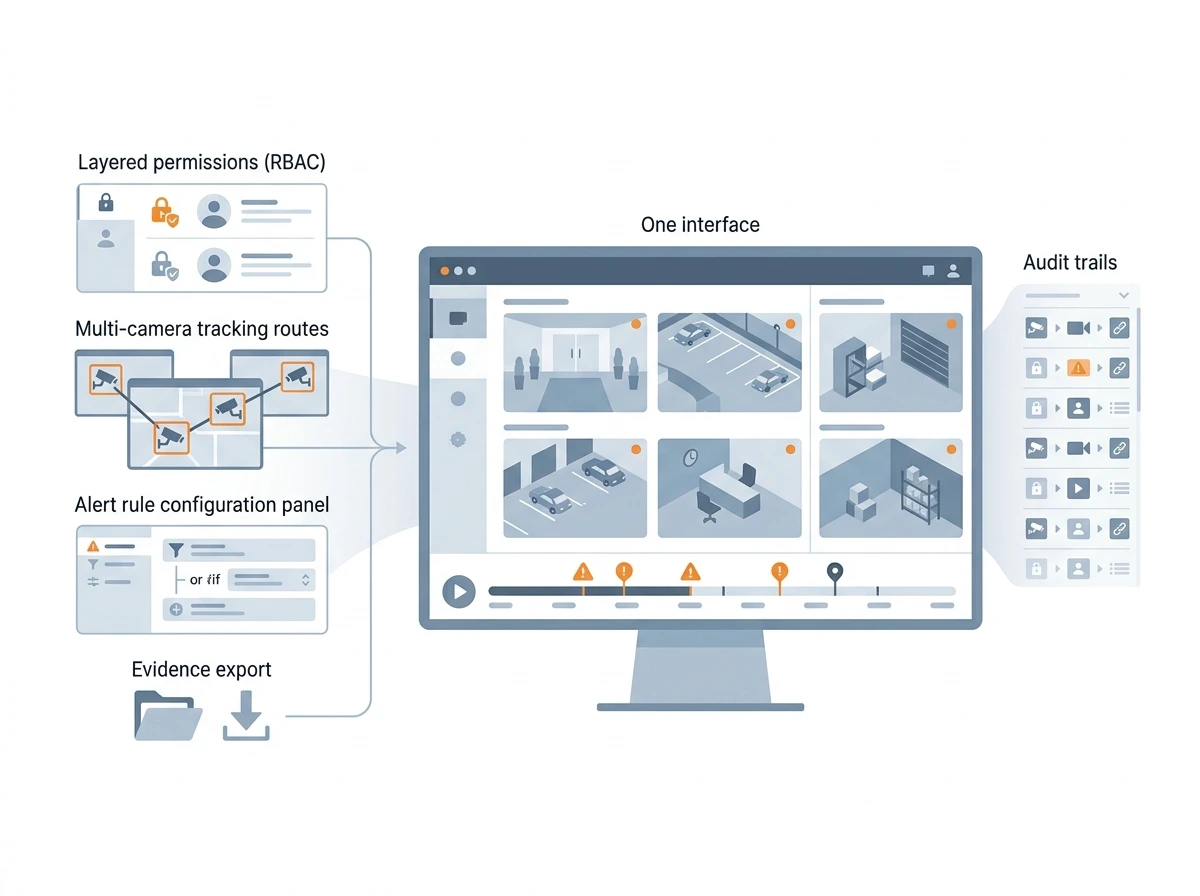 Unified VMS dashboard software interface displaying multi-camera tracking layout and audit trails.