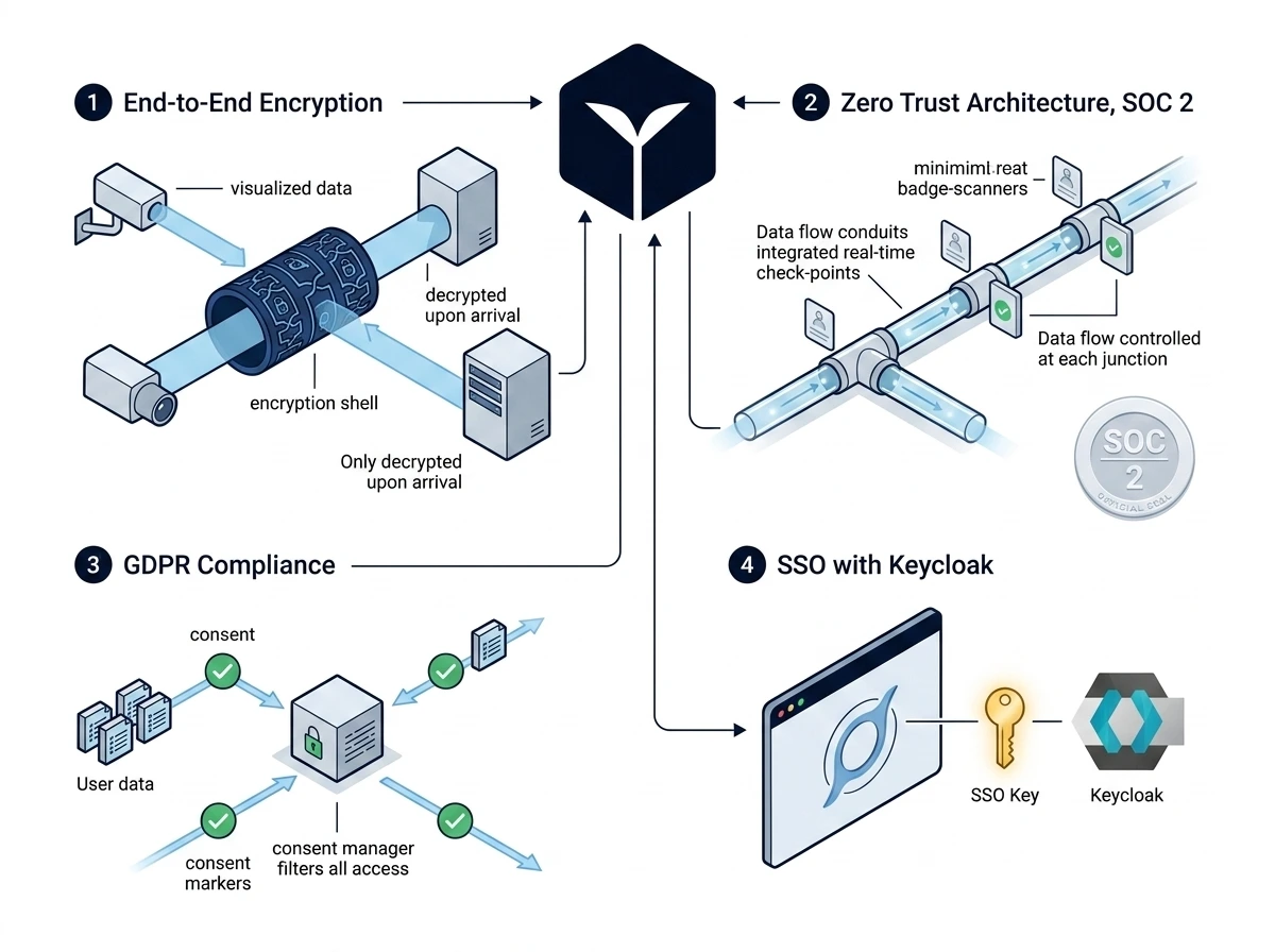Cybersecurity architecture diagram showing end-to-end encryption, Zero Trust SOC 2, and GDPR compliance flows.