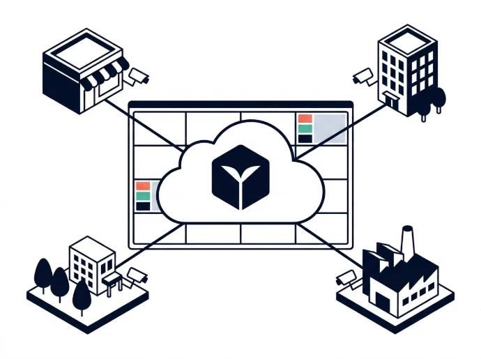 Multi-site commercial video surveillance diagram connecting retail, office, and factory cameras to cloud VMS.=