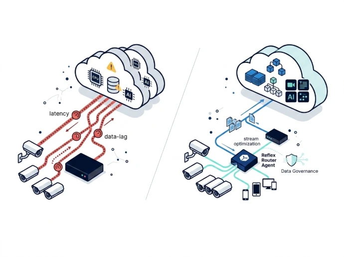 VMS architecture diagram comparing high latency data lag with optimized Reflex Router Agent stream optimization.