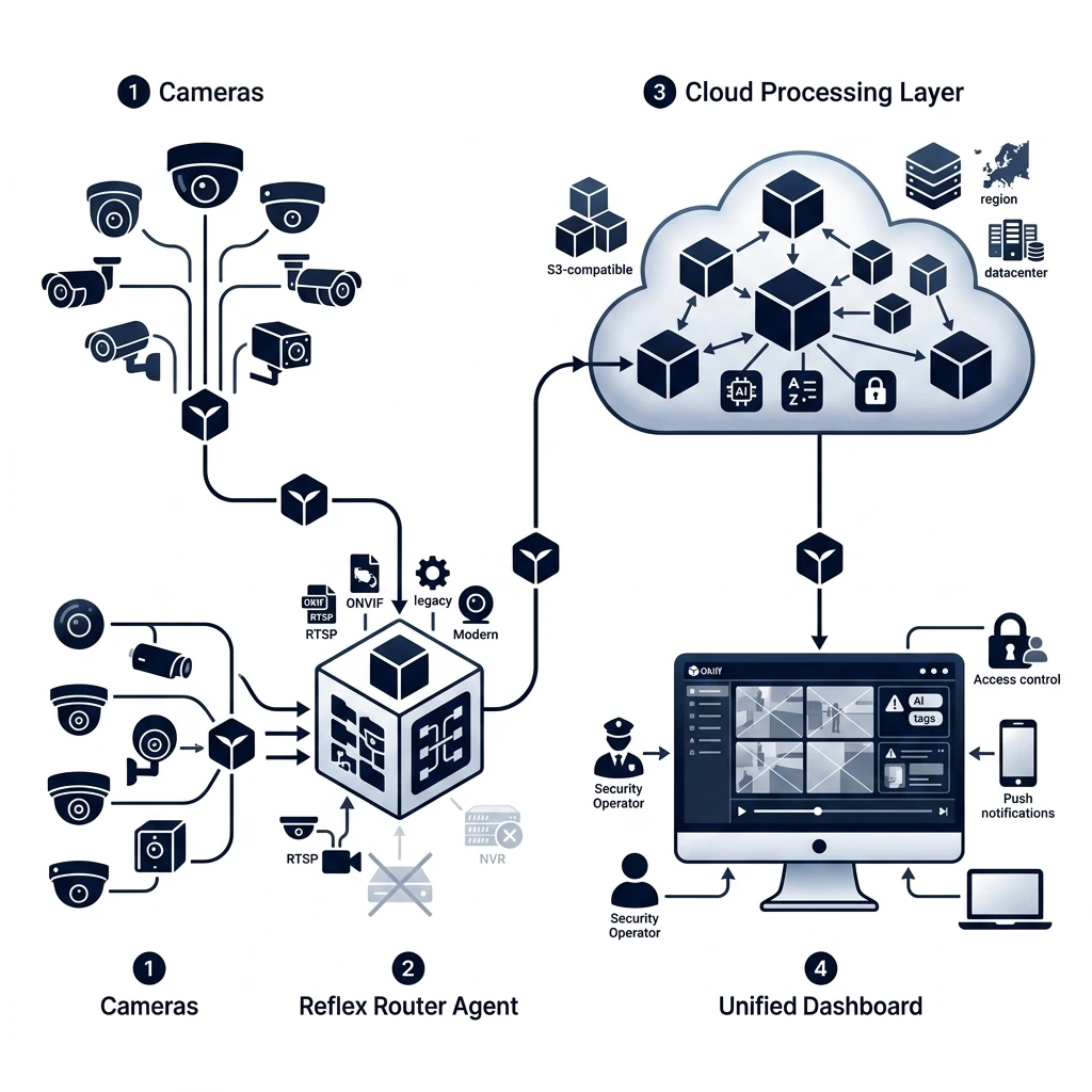 Okiff Reflex VSaaS architectural workflow diagram illustrating real-time RTSP camera connection and cloud processing layers.