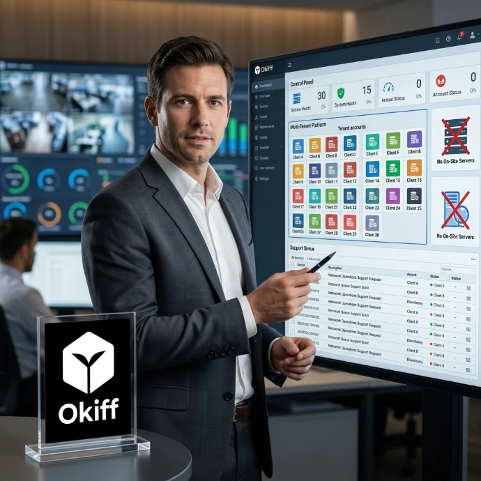 A technology consultant pointing to an interactive cloud-based multi-tenant security dashboard.