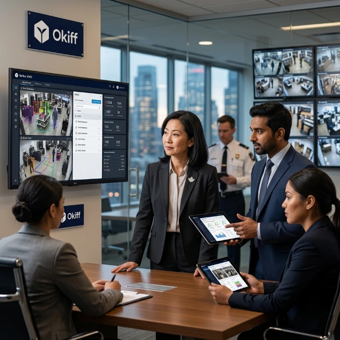Security team in a retail operations center monitoring multi-site camera feeds via Okiff Reflex VSaaS.