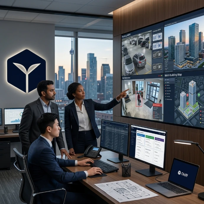 Security operators managing real estate property surveillance and access control software on multiple displays.