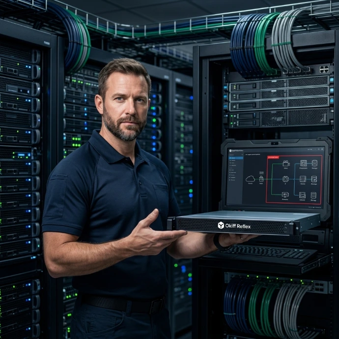 Security technician installing a secure Okiff Reflex network node into an on-premise data center server rack.