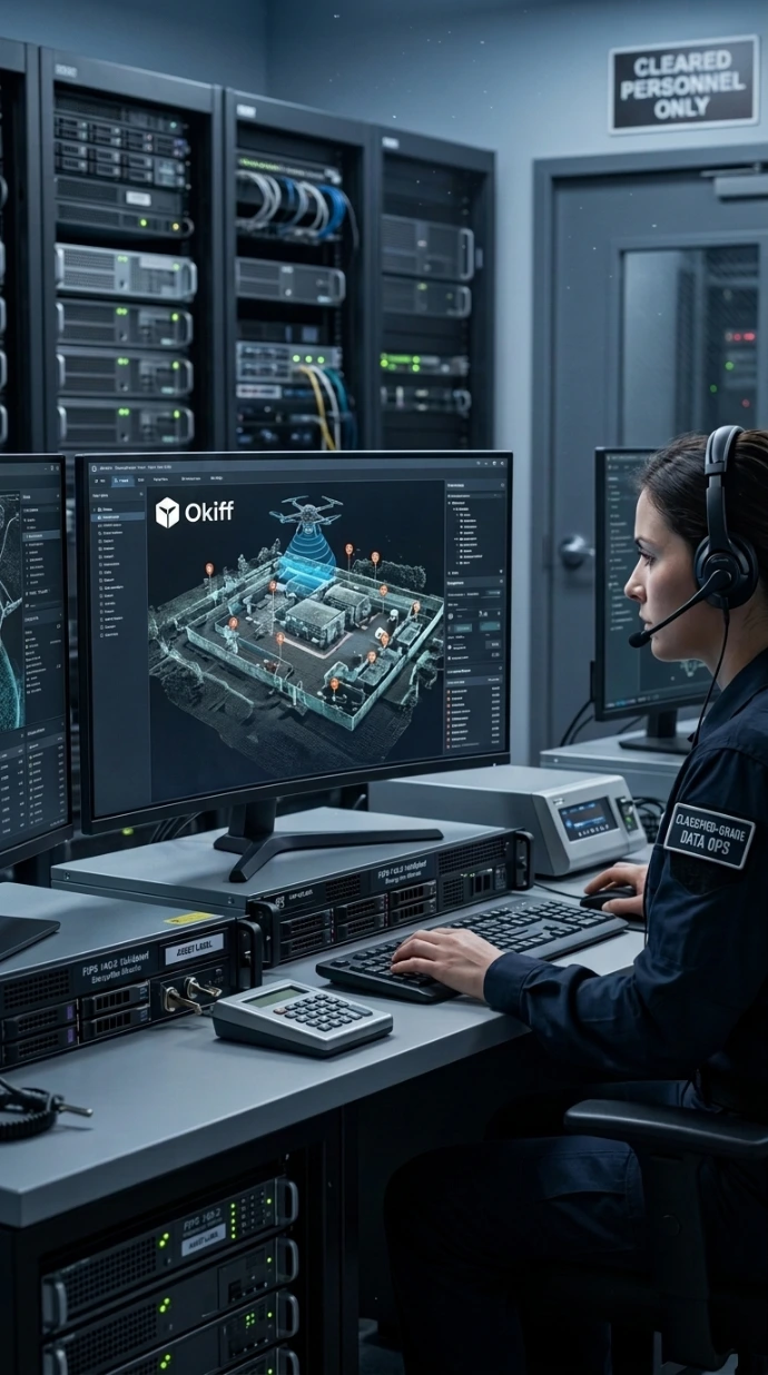 Military operator in a defense secure command center using air-gapped video surveillance technology.