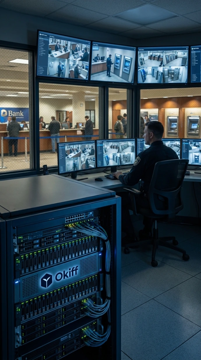 Banking security operations center monitoring ATM networks and retail branch video feeds locally.