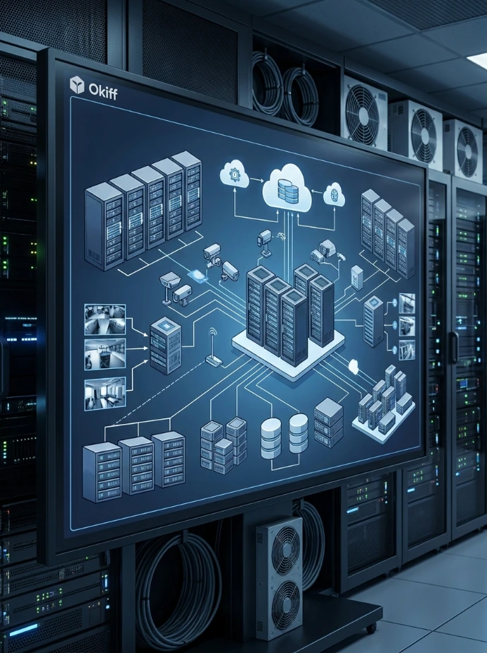 Okiff deployment specifications display showcasing local server rack hardware architecture and edge node topologies.