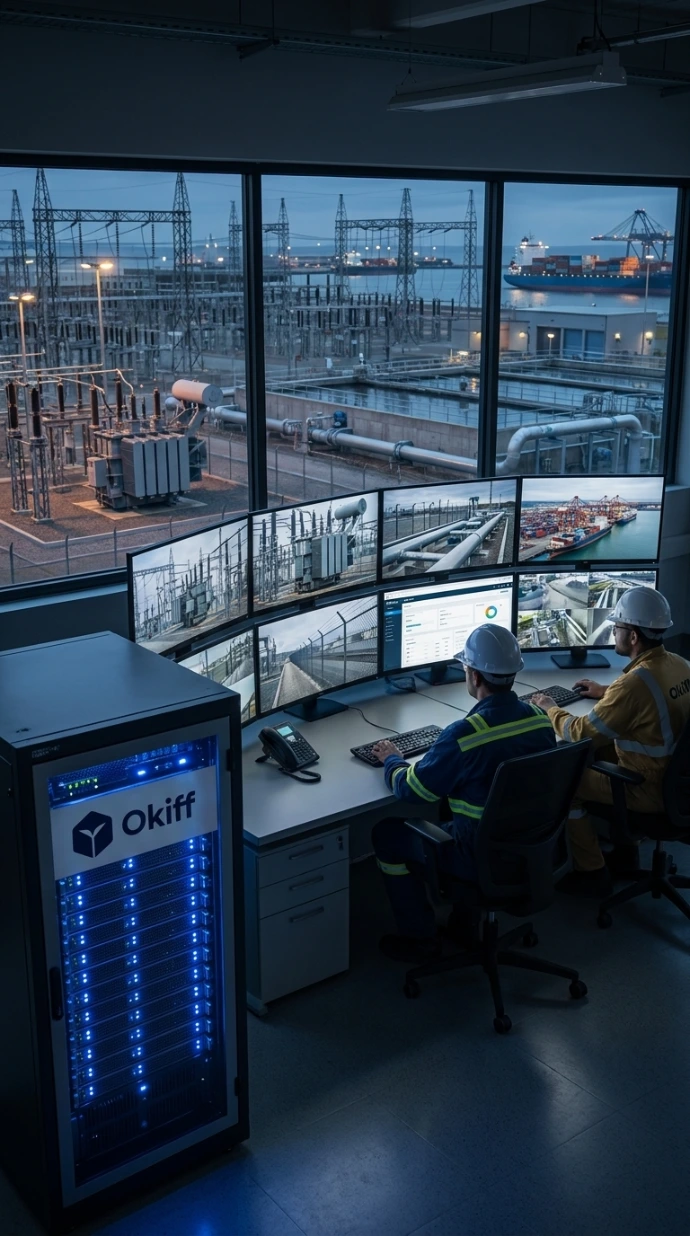 Industrial control room monitoring critical utilities, substations, and public infrastructure camera feeds.