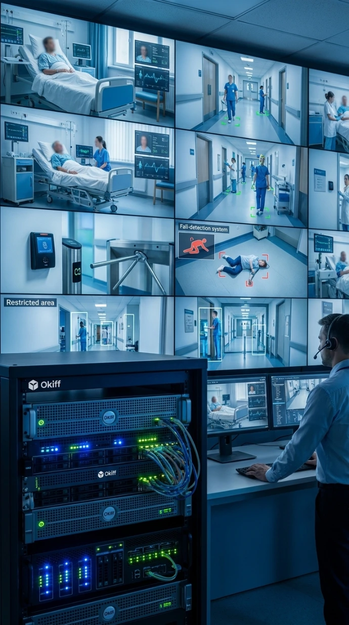 Hospital server facility and medical data center managing HIPAA-compliant on-premises video records.