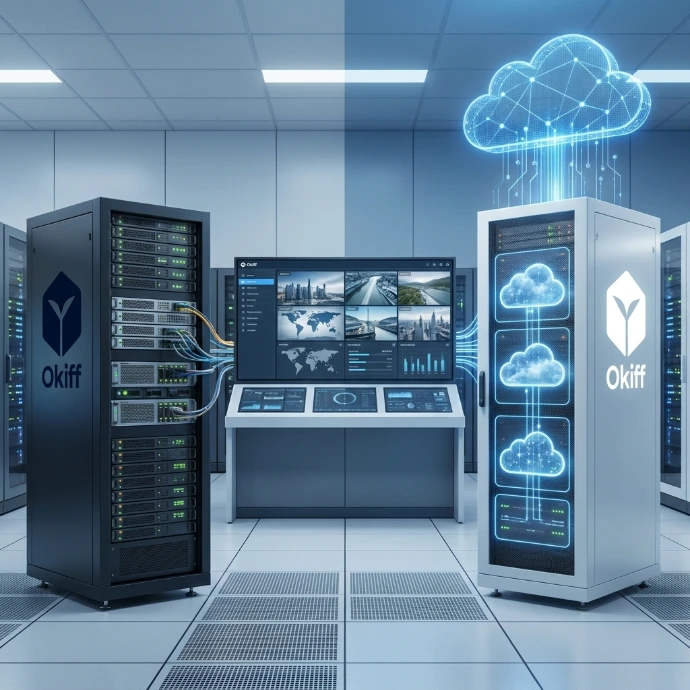 Hybrid VMS data center layout showcasing cloud connectivity servers alongside on-premise Okiff Reflex network hardware racks.