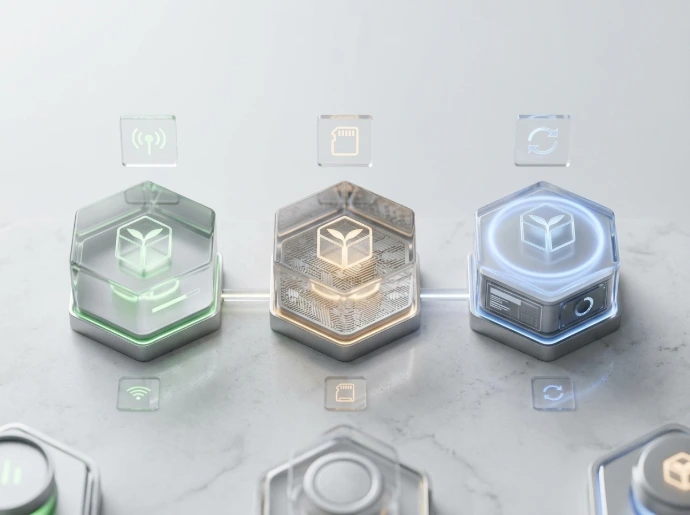 Futuristic hexagonal indicator nodes monitoring storage utilization and hardware online status.