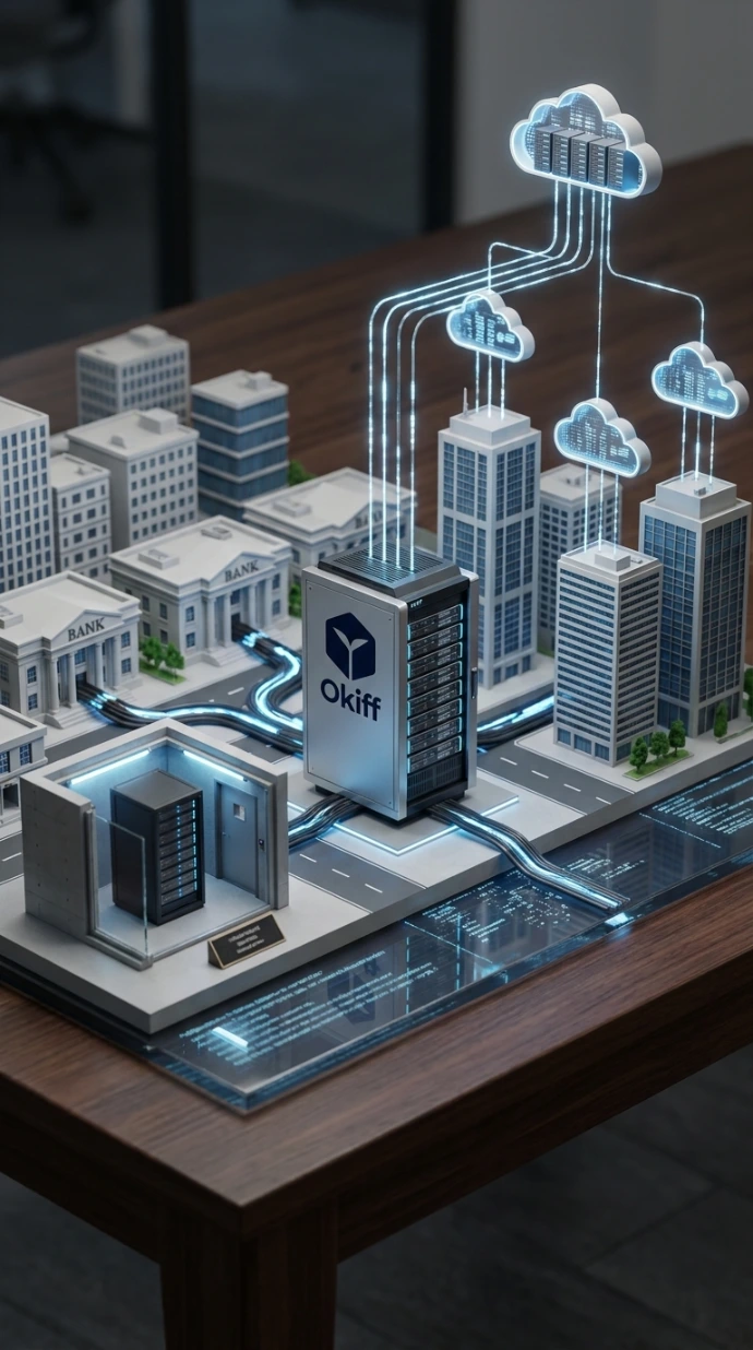 A 3D architectural miniature model of a modern corporate office building and bank branch facility.