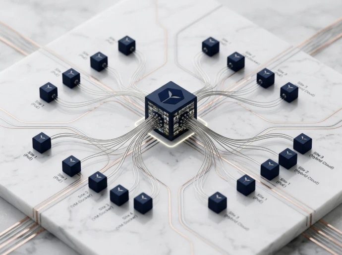 A 3D model showing network nodes streaming data paths into a central Okiff hub.