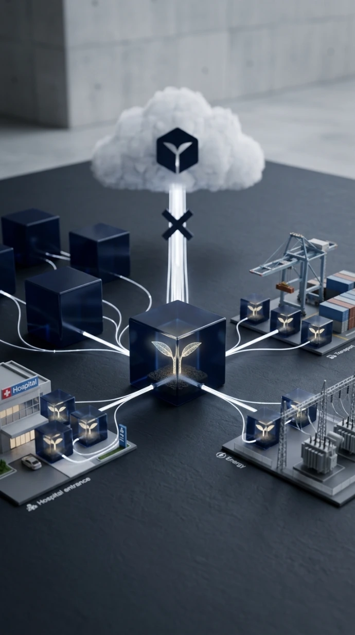 An infrastructure diagram showing a secure local server node connection to a cloud platform.