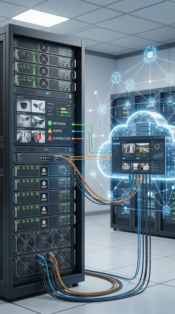 A technical illustration mapping cloud streaming connections to an enterprise server rack.