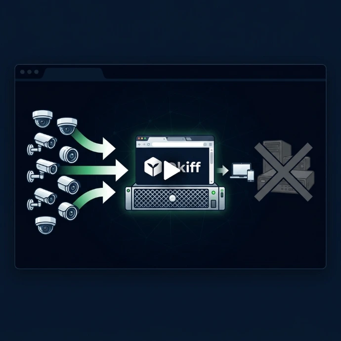 Diagram showing surveillance cameras streaming to Okiff Reflex software while bypassing legacy NVR hardware.