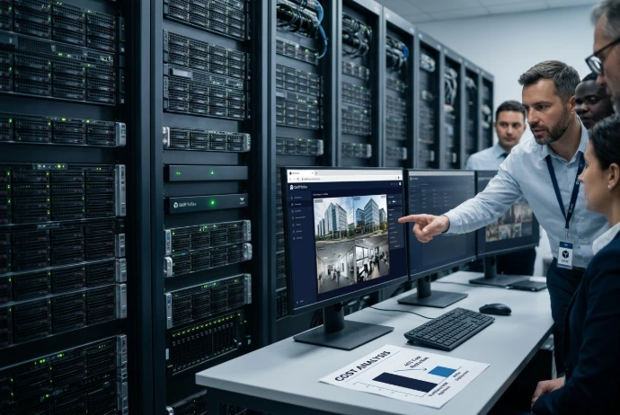 Security integration specialists evaluating a multi-building commercial VMS camera layout on screen.