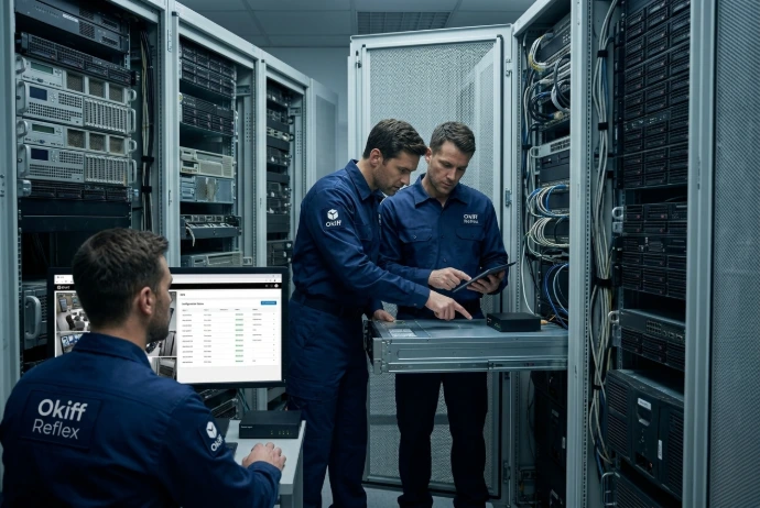 IT technicians upgrading a government facility network by configuring an on-site data center server rack.