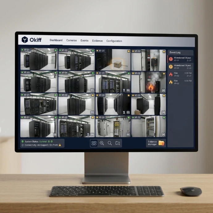 An air-gapped Okiff Reflex VMS security terminal displaying real-time fire and intrusion video analytics.