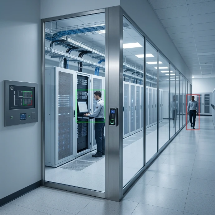 Security personnel monitoring a multi-tenant Tier III co-location data center server hall with AI tracking overlays.