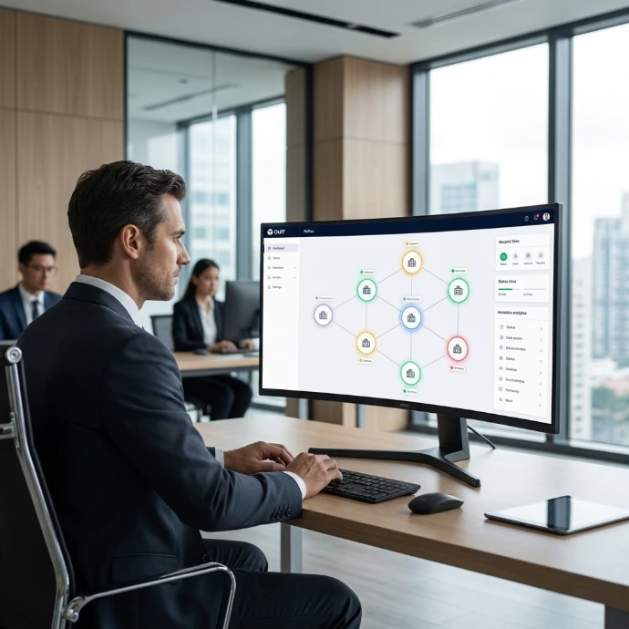 A healthcare IT director reviewing a multi-site network infrastructure fleet compliance dashboard.