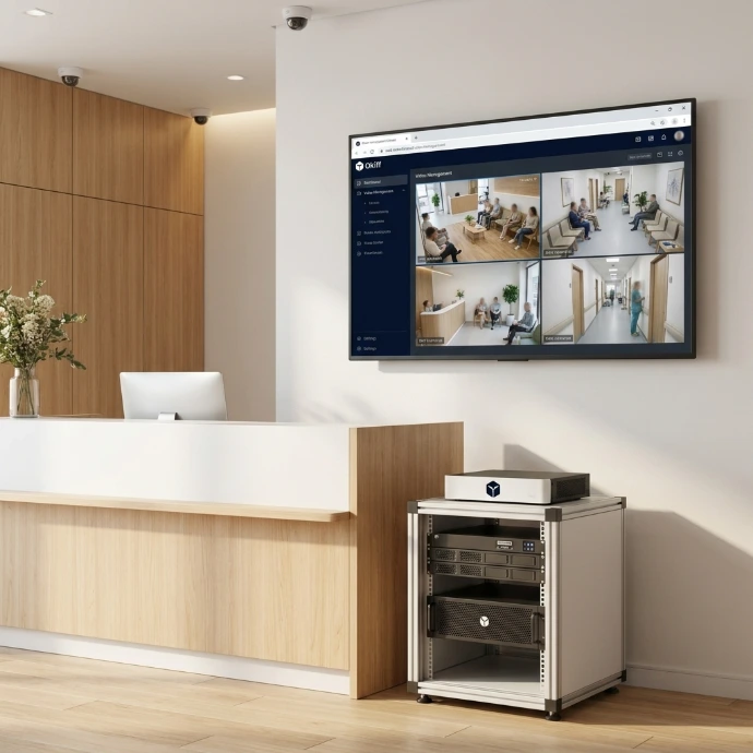 A compact hospital edge server appliance installed at a private clinic reception desk area.