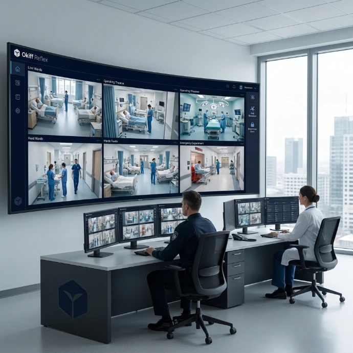 Hospital security operations center with operators monitoring real-time patient care and ward camera feeds.