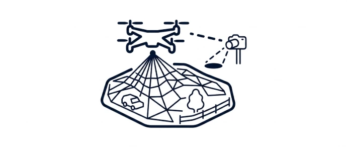 Tactical perimeter defense schematic illustrating drone aerial surveillance and LiDAR sensor detection zones.