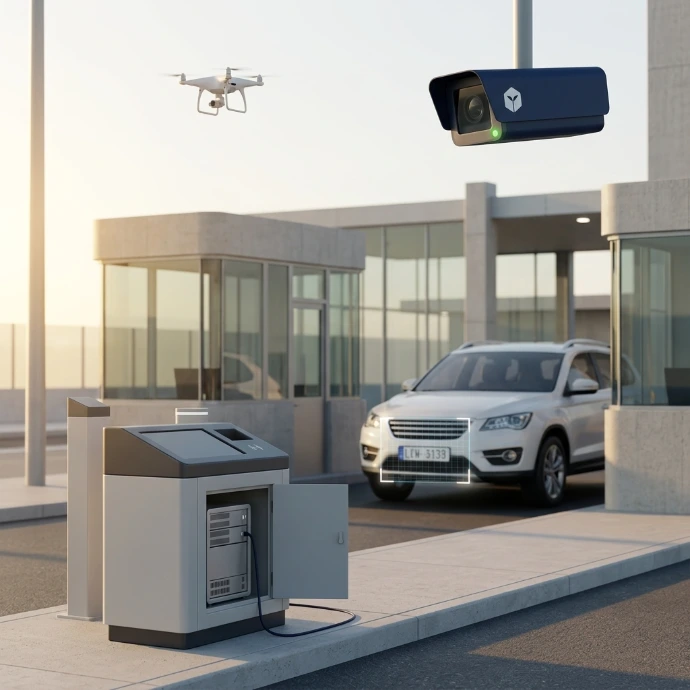 A secure national border checkpoint terminal featuring integrated ANPR cameras and surveillance drones.
