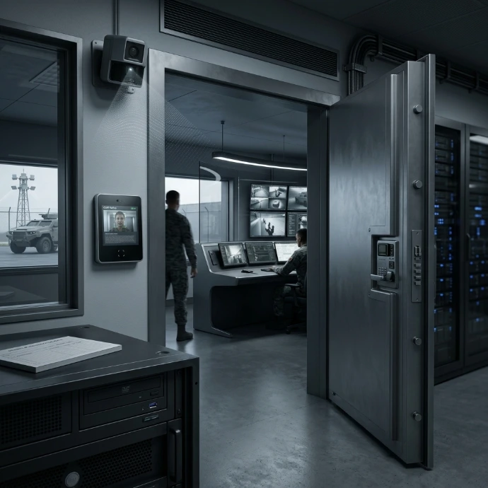 A high security military vault entryway leading into an air-gapped data server command room.
