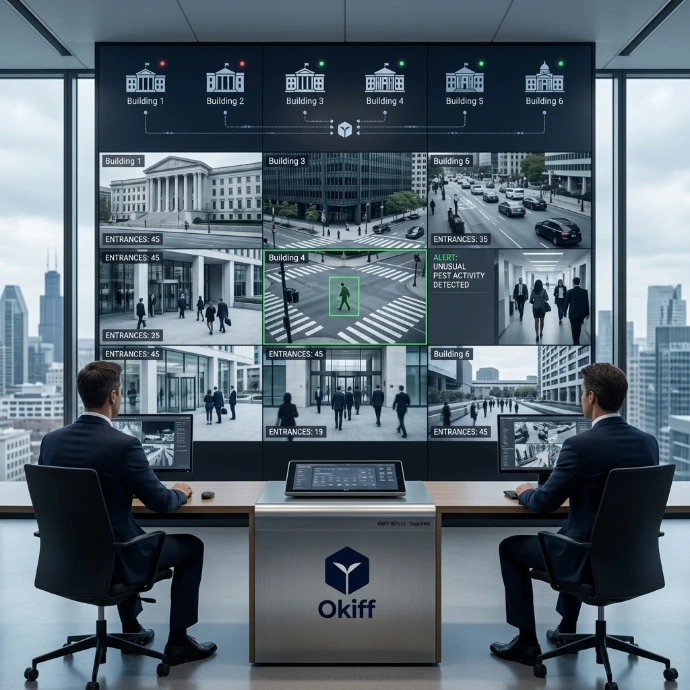 Intelligence operators monitoring a multi-building municipal surveillance smart wall in an operations center.