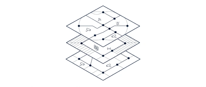 Multi-story floor plan layout mapping real-time video surveillance cameras and property access points.