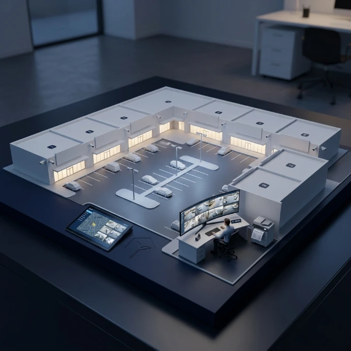 A retail park commercial layout mapping parking lot spaces and loading dock delivery vehicle zones.