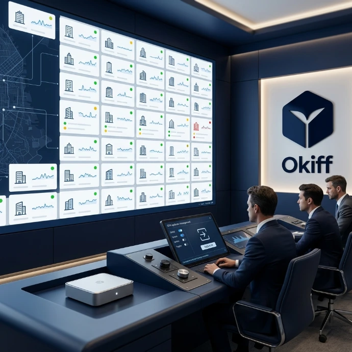 A commercial property operations center where security operators monitor a multi-site portfolio smart wall.
