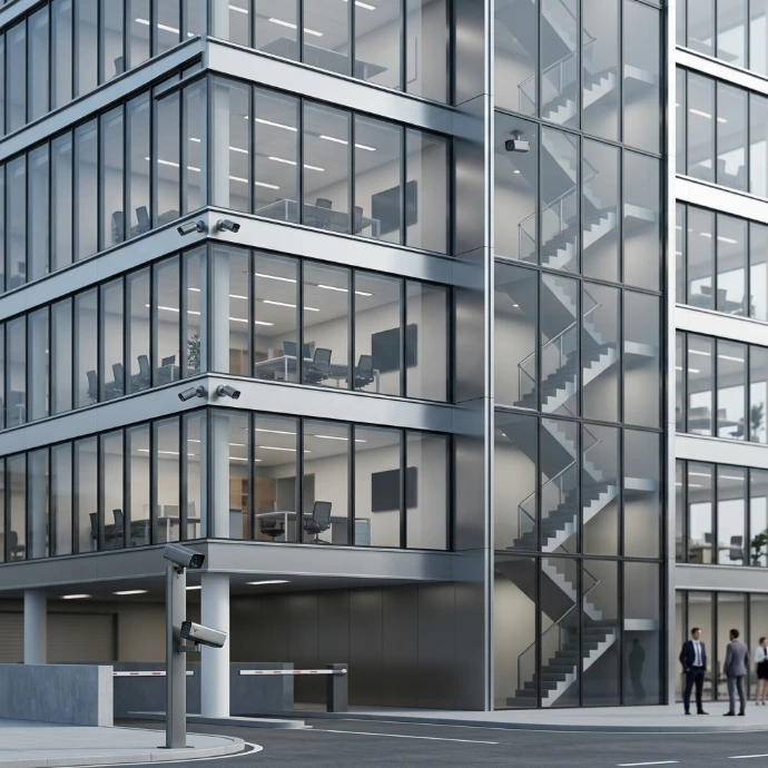 A multi-tenant corporate office building exterior with outdoor perimeter surveillance cameras installed.